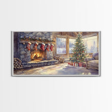 Load image into Gallery viewer, Snowy cabin lake scene at dusk with Christmas lights, Framed Canvas Print with a warm cabin glow, for winter wall art Christmas home decor