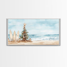 Load image into Gallery viewer, Beach Christmas scene with surfboards and decorated tree, tropical holiday art framed canvas print, perfect coastal seasonal decor