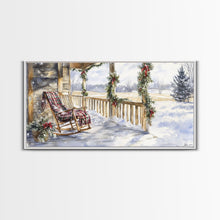 Load image into Gallery viewer, Snowy porch scene with wreaths and holiday greenery, framed canvas print, cozy winter Christmas decor perfect holiday wall display