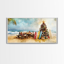 Cargar imagen en el visor de la galería, Christmas family picnic by the beach with surfboards and tree, framed canvas print tropical coastal holiday beach Christmas decor