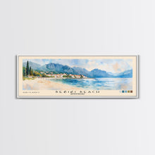 Load image into Gallery viewer, Bečići Beach, Montenegro Watercolor Print, Vacation Gift, Montenegro Wall Art, Beach Painting, Beach Decor, Large Wall Art, Wood Frame Art