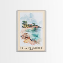 Load image into Gallery viewer, Cala Pregonda, Spain Watercolor Print, Vacation Gift, Spain Wall Art, Beach Painting, Beach Decor, Large Wall Art, Wood Frame Art