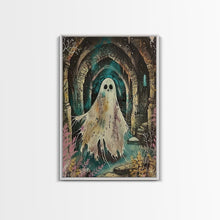 Carregar imagem no visualizador da galeria, Ghostly Figure in Ancient Ruins Framed Canvas Print, Haunted Ruins Decor, Halloween Ghost Art, Eerie Ghostly Wall Art, Spooky Ghost Print