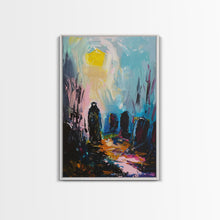 Load image into Gallery viewer, Creepy Haunted Cemetary Framed Canvas Print Halloween Art, Impasto Style Spooky Season Decor