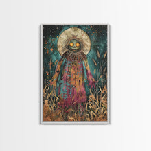 Load image into Gallery viewer, Creepy Moonlit Scarecrow Framed Canvas Print | Halloween Art | Spooky Harvest Artwork | Sinister Scarecrow Art for Home Decor