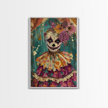 Load image into Gallery viewer, Day of the Dead Doll with Floral Crown Framed Canvas Print, Halloween Art, Creepy Wall Art, Spooky Home Decor, Scary Art, Unique Wall Decor
