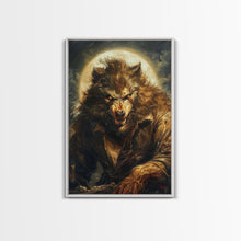 Carregar imagem no visualizador da galeria, Ferocious Werewolf Under Full Moon Framed Canvas Print | Halloween Monster Art | Spooky Werewolf Decor for Home | Intense Werewolf Artwork