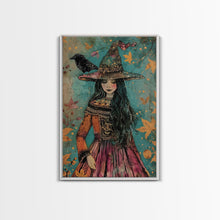 Load image into Gallery viewer, Enchanting Witch with Raven - Halloween Wall Decor - Spooky Home Art Print - Halloween Gift for Witch Lovers - Creepy Art Halloween Decor
