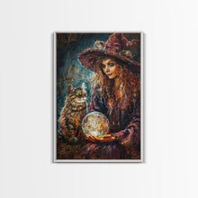 Load image into Gallery viewer, Enchanting Witch with Crystal Ball, Framed Canvas Print, Mystical Halloween Art, Spooky Witch Decor, Witchcraft Illustration, Magical Decor