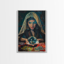 Load image into Gallery viewer, Enchanting Fortune Teller with Crystal Ball Under Moonlight - Mystical Witchcraft Framed Canvas Print, Halloween Gothic Home Decor