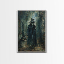 Carregar imagem no visualizador da galeria, Ghostly Figure in Victorian Attire - Eerie Night Stalker Gothic Art Framed Canvas Print, Halloween Haunted House Decor
