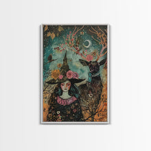 Load image into Gallery viewer, Elegant Witch with Tortoise - Halloween Art, Gothic Art, Spooky Decor, Dark Nature Art, Haunting Portrait, Framed Canvas Print