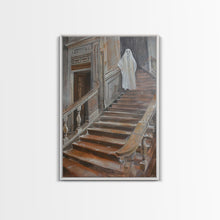 Load image into Gallery viewer, Ghost On Stairs Canvas Print - Halloween Art, Spooky Home Decor, Ghost Wall Art, Haunted House Decor, Halloween Decor, Framed Canvas Print