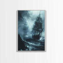 Load image into Gallery viewer, Ghost Ship in Storm Halloween Art, Spooky Maritime, Haunted Ocean, Creepy Seascape, Stormy Night, Framed Canvas Print