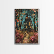 Load image into Gallery viewer, Enchanted Forest Pathway Framed Canvas Print, Haunted Woods Art, Halloween Night, Spooky Path Decor, Mysterious Artwork, Framed Canvas Print