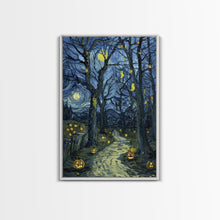 Load image into Gallery viewer, Dark Steamy Train at Night Framed Canvas Print, Halloween Wall Art, Spooky Train Station Decor, Haunted Transportation Artwork, Ghostly Art