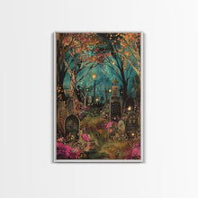 Load image into Gallery viewer, Gate to Haunted Cemetery Framed Canvas Print, Wall Art, Spooky Graveyard Art, Eerie Home Decor, Halloween Forest Painting, Spooky Graveyard