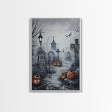 Load image into Gallery viewer, Eerie Graveyard with Pumpkins Framed Canvas Print, Halloween Wall Art, Spooky Cemetery, Home Decor, Gothic Artwork, Living Room Art, Creepy