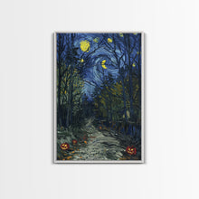 Load image into Gallery viewer, Dark Forest Path with Pumpkins Framed Canvas Print, Halloween Wall Art, Starry Night Inspired, Home Decor, Spooky Art, Living Room Decor