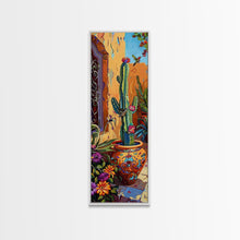 Load image into Gallery viewer, Colorful Canvas Painting of Cactus Framed, Botanical Wall Art Print, Spanish Inspired Canvas Painting, Long and Narrow Living Room Wall Art
