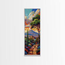Cargar imagen en el visor de la galería, Colorful Textured Canvas Painting of Erupting Volcano Landscape, Tall and Narrow Vertical Art for Office, Mountain Wall Art Prints Framed
