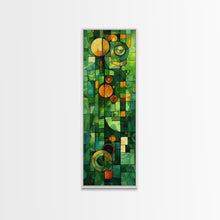 Carregar imagem no visualizador da galeria, Geometric Abstract Art in Green and Yellow Tones - Framed Canvas Print, Midcentury Modern Art, Skinny Art, Tall Art, Living Room Wall Decor, Boho Art