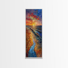Carregar imagem no visualizador da galeria, Framed Canvas Print Skinny Art of a Vibrant Sunset Over a Rolling Ocean with Dramatic Colors in the Sky and Water, Ideal Tall Art for Modern Spaces