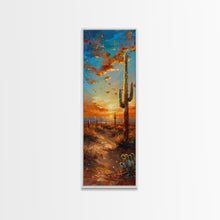 Load image into Gallery viewer, Arizona Desert Landscape with Saguaro Cactus at Sunset on a Framed Canvas Print Skinny Art Piece