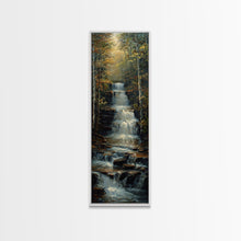 Load image into Gallery viewer, Beautiful Stream Cascading Waterfalls In The Forest at Golden Hour, Framed Canvas Print, Boho Style Landscape Painting Print