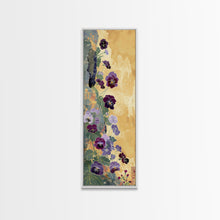 Load image into Gallery viewer, Deep Purple Pansy Flowers Against Textured Gold Background on Tall Vertical Canvas Print for Rich Floral Wall Decor