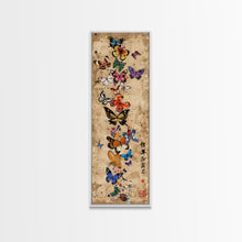 Carregar imagem no visualizador da galeria, Butterflies In Spiral Formation On Light Brown Canvas Tall Art Skinny Art Framed Canvas Print Japanese Style Art Ukiyo-e Wood Block Print