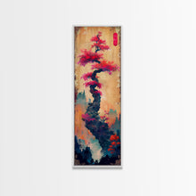 Load image into Gallery viewer, Bonsai Tree With Red Leaves On Gradient Background Wood Block Print Ukiyo-e Wall Art Tall Art Skinny Art Japanese Style