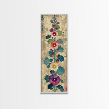Cargar imagen en el visor de la galería, Colorful Hollyhock Flowers Traditional Japanese Woodblock Style Tall Skinny Framed Canvas Print Wall Art