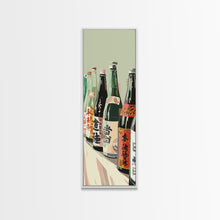 Load image into Gallery viewer, Array Of Japanese Sake Bottles With Minimalistic Labels Arranged Simple Composition Captured Tall Framed Canvas Print Bar Decor