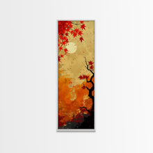 Carregar imagem no visualizador da galeria, Dramatic Red Autumn Leaves Against Golden Sky Depicted Japanese Style Tall Framed Canvas Print Seasonal Wall Art