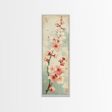 Cargar imagen en el visor de la galería, Cherry Blossom Japanese Art Skinny Wall Art Framed Canvas Print in Light Pastel Colors on Branch Against Subtle Green Background