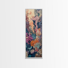 Carregar imagem no visualizador da galeria, Framed Canvas Print Of A Coral Reef Scene Filled With Vibrant Marine Life, Skinny Art, Tall Art, Japanese Style Art, Ukiyo-e Art, Wood Block Print