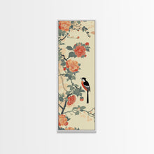 Load image into Gallery viewer, Bird Among Camellia Flowers On Light Background Skinny Art Ukiyo-e Wood Block Print Framed Canvas Print