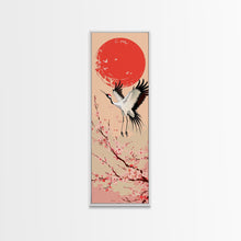 Load image into Gallery viewer, Elegant Crane Bird In Mid-flight Against Bold Red Sun Ukiyo-e Tall Skinny Wood Block Framed Canvas Print Japanese Style Art