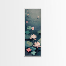 Carregar imagem no visualizador da galeria, Calm Water Lilies Floating On Still Pond With Subtle Ripples Ukiyo-e Skinny Tall Wood Block Framed Canvas Print Japanese Style Art