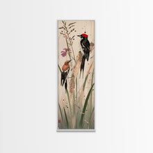 Load image into Gallery viewer, Detailed Woodpeckers Perched On Stems Amid Nature For Rustic Wall Art Ukiyo-e Japanese Style Art Skinny Framed Canvas Print