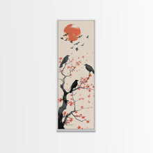 Load image into Gallery viewer, Crows On Bare Tree Branches Against Red Sun Skinny Art Wood Block Print Japanese Style Art Framed Canvas Print Tall Art Ukiyo-e Art