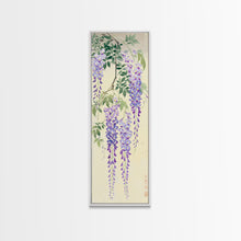 Cargar imagen en el visor de la galería, Cascading Wisteria Blossoms in Shades of Purple and Green - Skinny Art, Japanese Wall Decor, Framed Canvas Print, Ukiyo-e Style