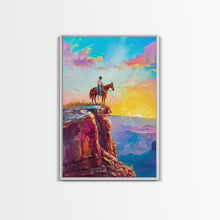 Load image into Gallery viewer, Cowboy on Cliff Edge at Sunrise - Colorful Western Landscape Painting, Framed Canvas Print, Sunrise Wall Art, Living Room Decor
