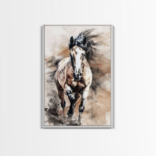 Cargar imagen en el visor de la galería, Charging Horse with Dust - Framed Canvas Print, Intense Living Room Art, Bold Bedroom Decor, Equestrian Art, Wall Art