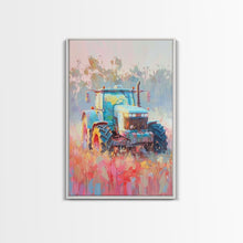 Cargar imagen en el visor de la galería, Farm Tractor in Vibrant Meadow - Framed Canvas Print, Countryside Living Room Art, Pastel Bedroom Decor, Rural Art, Wall Art