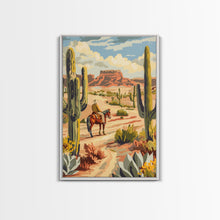 Load image into Gallery viewer, Cowboy Riding in Desert Landscape with Cacti - Framed Canvas Print, Western Art, Southwestern Decor, Desert Scene Wall Art for Home