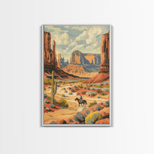 Load image into Gallery viewer, Cowboy in Southwestern Desert Landscape - Framed Canvas Print, Western Wall Art, Desert Scene Art, Cactus Decor for Living Room
