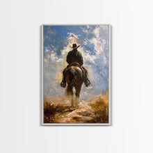 Load image into Gallery viewer, Cowboy Silhouette Riding Through the Plains - Framed Canvas Print, Western Art, Rustic Decor, Living Room Wall Art, Cowboy Themed Art