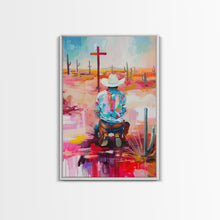 Carregar imagem no visualizador da galeria, Abstract Cowboy Kneeling by Cross Art - Framed Canvas Print, Modern Southwestern Decor, Vibrant Living Room Wall Art